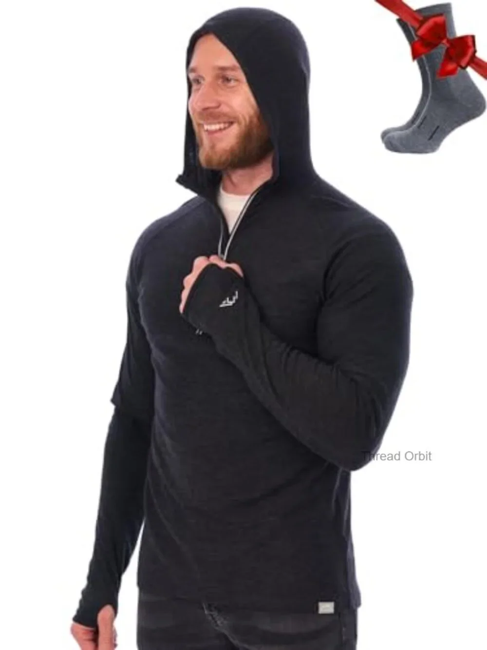 Men's Merino Wool Half Zip Hoodie with Socks Slim Fit Base Layer Active Thermal